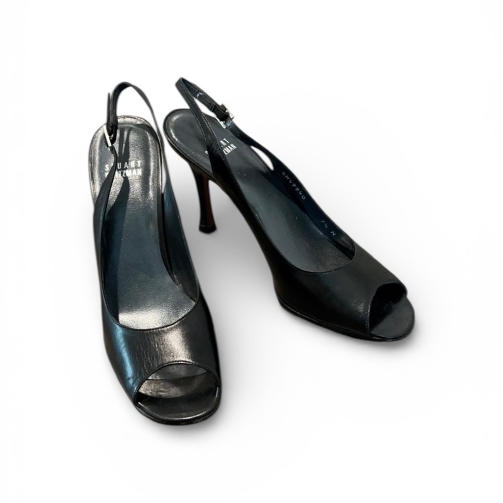 Stuart Weitzman Narrow Black Leather Open Toe Slingback Size 7 1/2 N